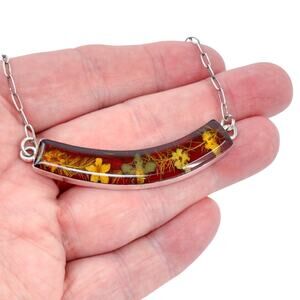 Estate Sterling Silver Pressed Flower Bar Necklace | Real Botanical Jewelry 16"